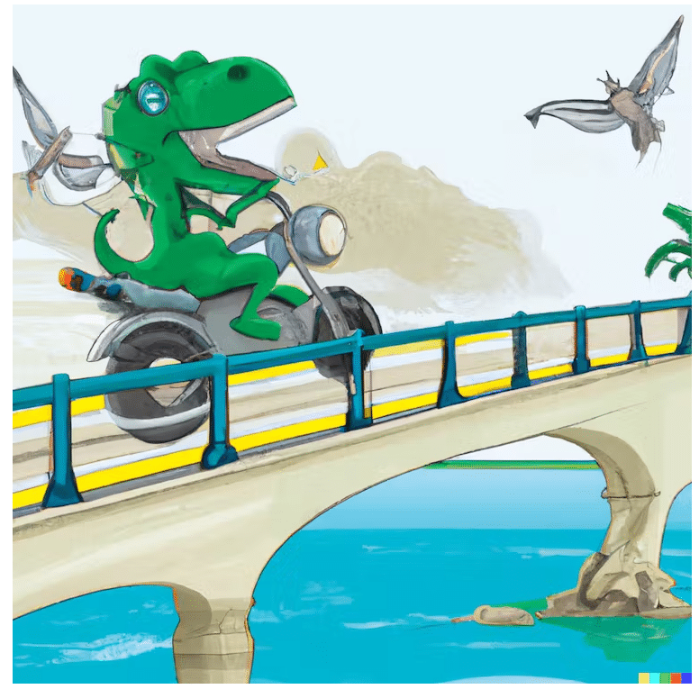 Dall-E de Open AI generó esta imagen a partir de un aviso que decía "dinosaurio montando una motocicleta sobre un puente". La conversación/OpenAI , CC BY-ND