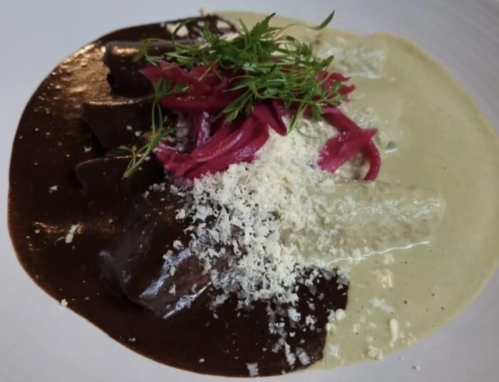 image | Ruiz Healy Times Braised meat plated over a dark mole and a pale creamy sauce, topped with pink pickled onions, grated cheese, and fresh dill.