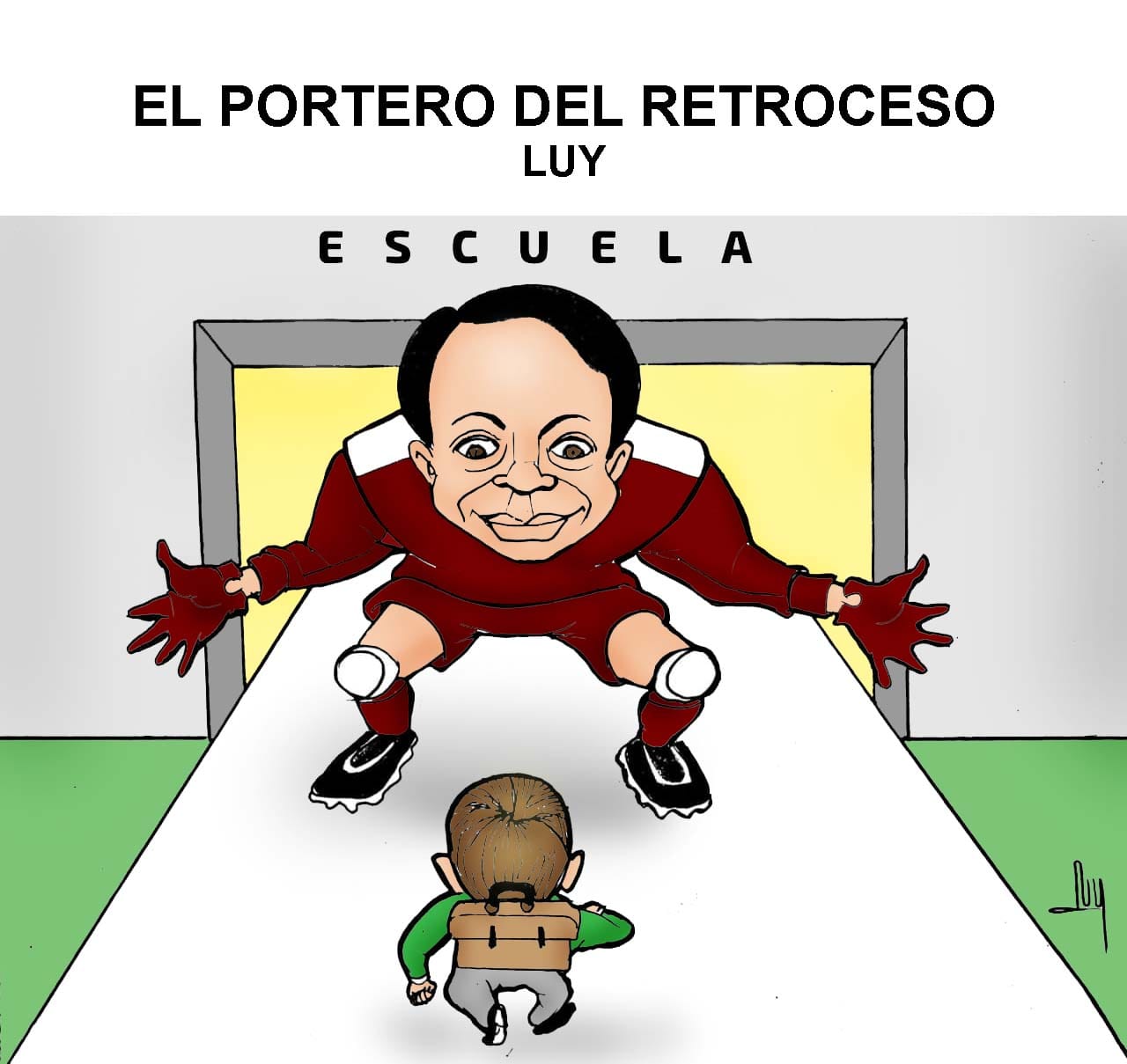luy 26 | Ruiz Healy Times Goofy goalie in red outfit blocks a child runner with backpack at a goal, on a school-branded backdrop.