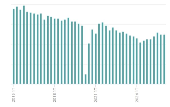 image | Ruiz Healy Times Bar chart of annual values from 2015 to 2024, with high levels 2015–2019, a dip in 2020, then gradual recovery through 2024.