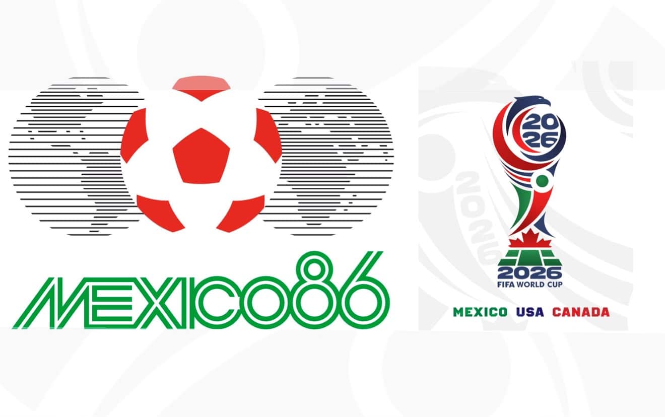 40 AÑOS, MÉXICO MEDIDO EN MUNDIALES | Ruiz Healy Times Side-by-side graphic: left shows a red-and-white soccer ball with 'MEXICO86' in green; right shows the 2026 FIFA World Cup emblem with USA, CANADA, and MEXICO text beneath.