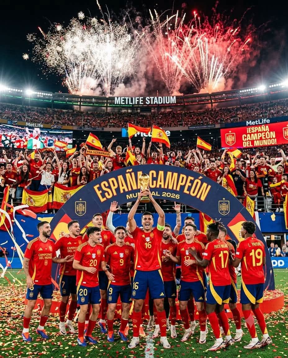 Spain national football team celebrates victory on a stadium pitch, raising the trophy amid fireworks and Spanish flags at MetLife Stadium (Mundial 2026).