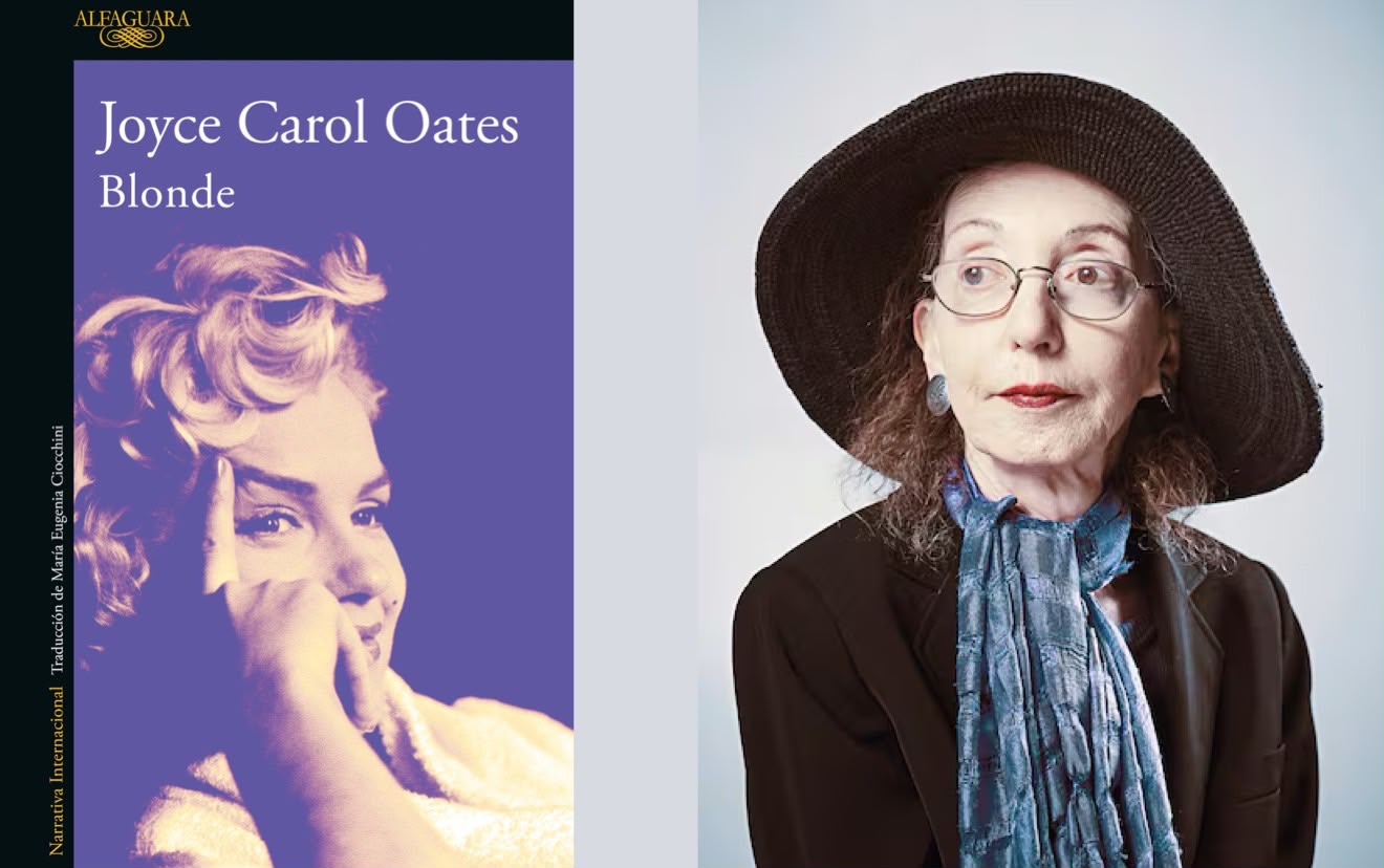 Left: purple book cover with a woman's face in profile, text 'Joyce Carol Oates Blonde'. Right: portrait of an older woman in a large black hat and blue scarf against a light background.