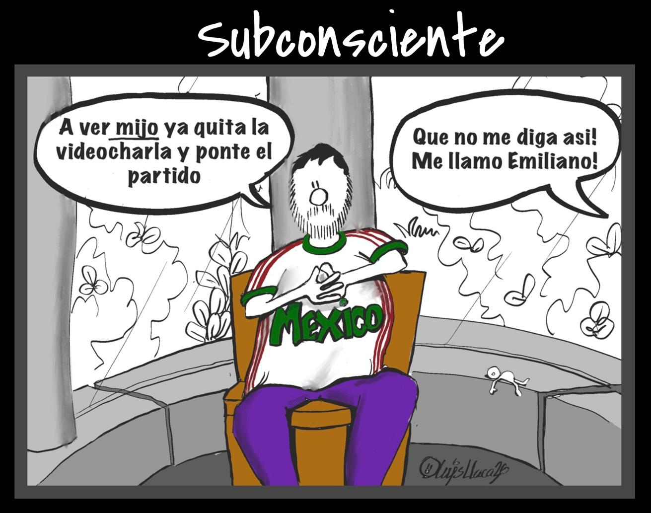 Comic panel titled Subconsciente: a bearded man in a white Mexico jersey and purple pants sits in an orange chair outdoors, hands on chest, with two speech bubbles containing the Spanish text: 'A ver mijo ya quita la videocharla y ponte el partido' and 'Que no me diga así! Me llamo Emiliano!'