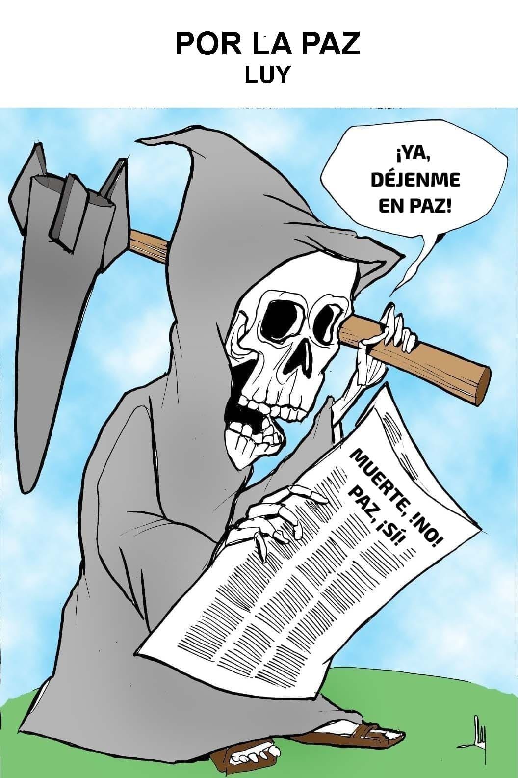 luy | Ruiz Healy Times Grim reaper in a hood reads a newspaper about peace, with a speech bubble saying '¡Ya, déjenme en paz!' (political cartoon about peace).