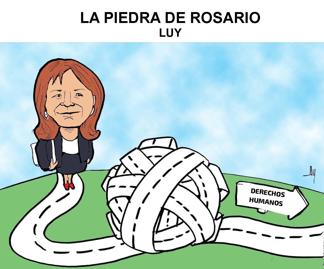 Caricature of a woman walking along a winding road toward a large tangled ball of white road strips labeled 'Derechos Humanos' on a green hill under a blue sky.