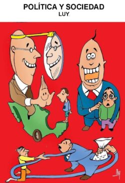 Political cartoon showing two smiling politicians with oversized heads, a map-shaped cart, and people being pulled by a blue hose, highlighting political manipulation.