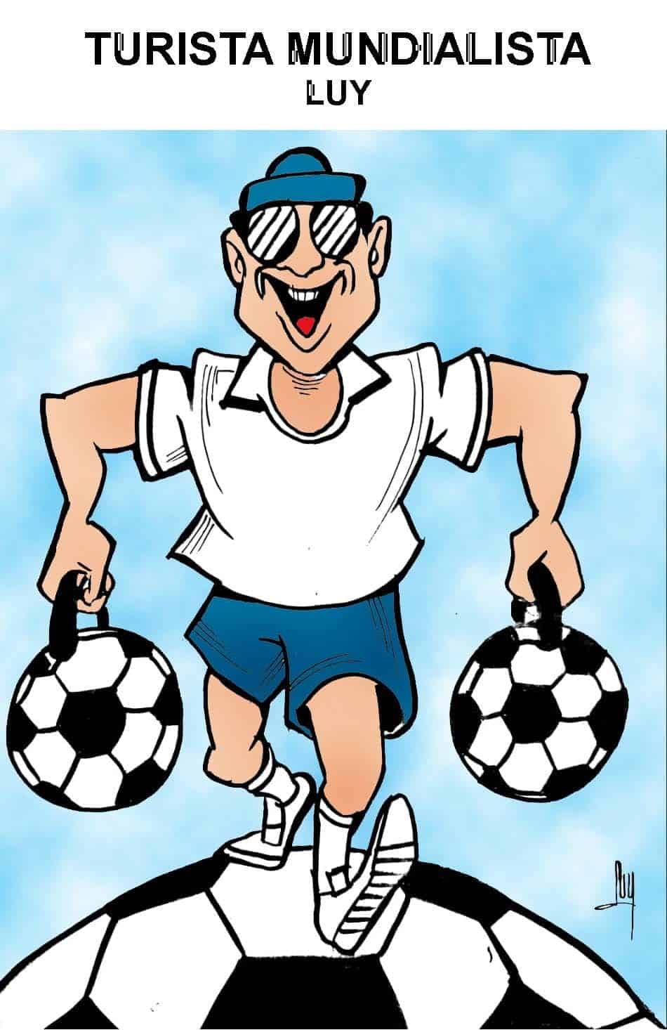 Cartoon man in sunglasses and cap stands on a giant soccer ball, carrying two soccer balls, smiling cheerfully.