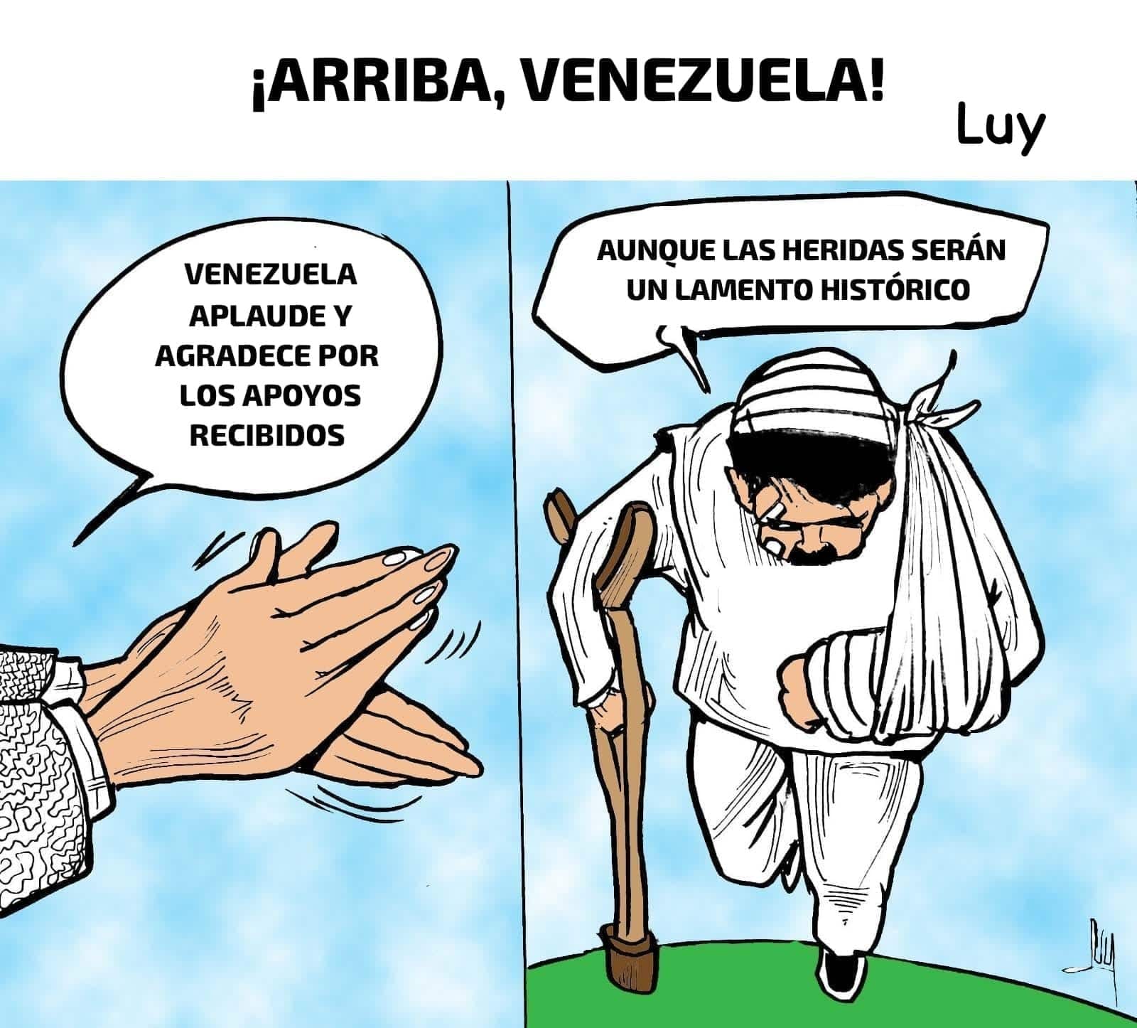 Comic panel: left shows clapping hands; speech reads 'Venezuela aplaude y agradece por los apoyos recibidos'. Right, a bowed man in white with a staff says 'Aunque las heridas serán un lamento histórico'.