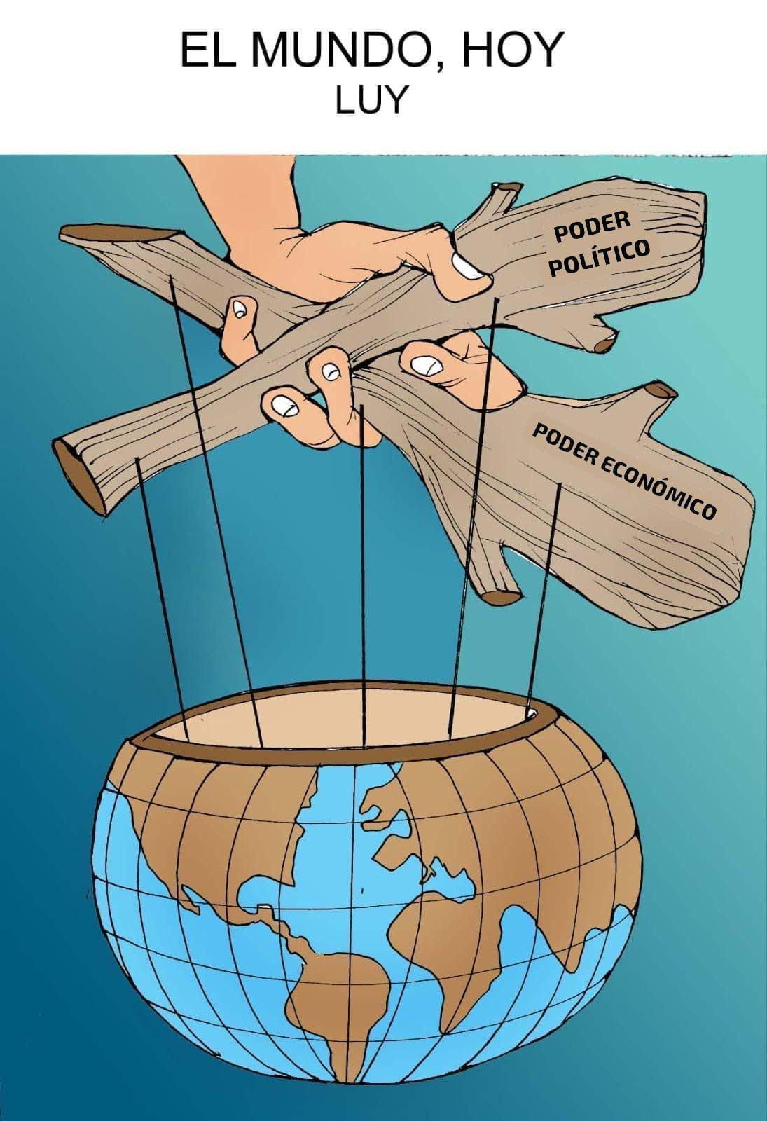 Cartoon of hands pulling strings attached to a globe, with labels 'Poder Político' and 'Poder Económico' (political and economic powers controlling the world).