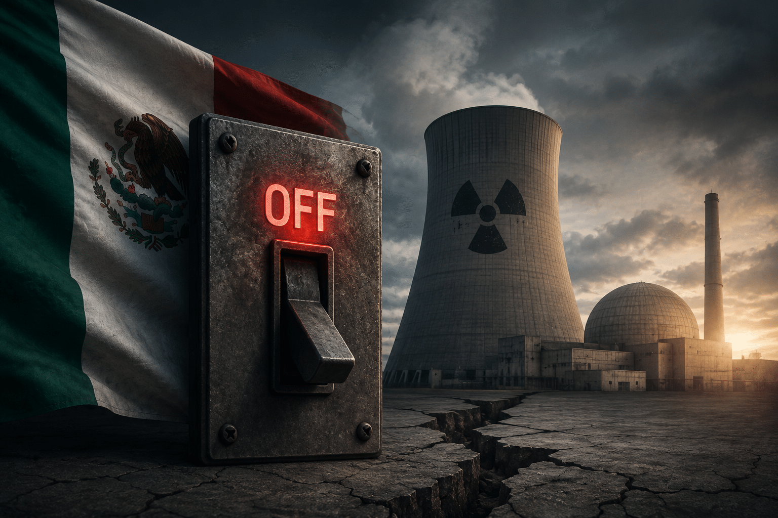 Rusty switch showing OFF in red glow beside the Mexican flag with a nuclear plant and cooling tower in the desolate foreground, sunset light