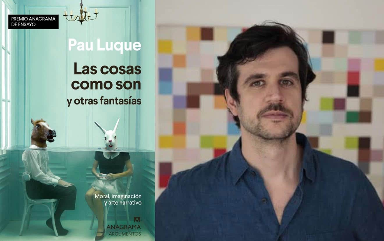 Split image: the book cover for 'Las cosas como son y otras fantasías' by Pau Luque, featuring two people wearing animal masks in a turquoise room, with text and a small publisher logo; right side shows a man in a blue shirt against a colorful tiled wall.