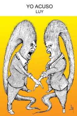 Two tall, furred humanoids in suits face off, shouting with wide mouths as their hands grip each other in a tense clash against a bright yellow-orange background. The top text reads 'YO ACUSO'.