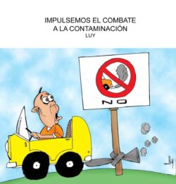 Cartoon of a man in a small yellow car looking surprised as it pulls a damaged sign that blocks a road, symbolizing pollution prevention.