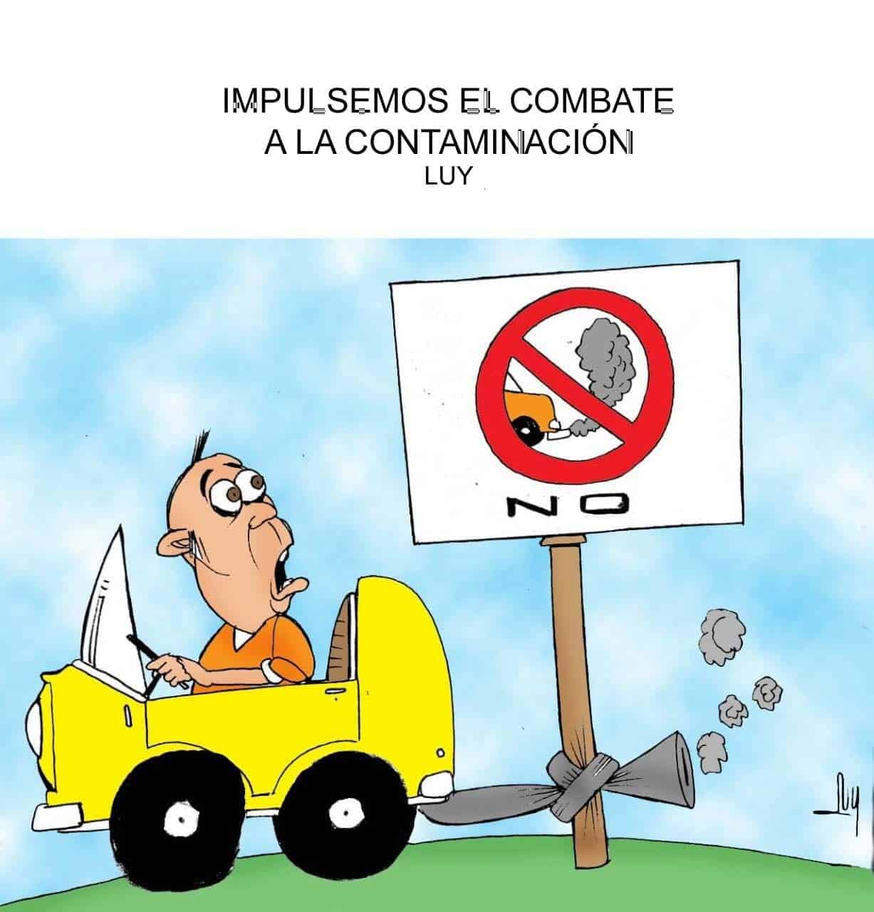 Cartoon of a man in a small yellow car looking surprised as it pulls a damaged sign that blocks a road, symbolizing pollution prevention.