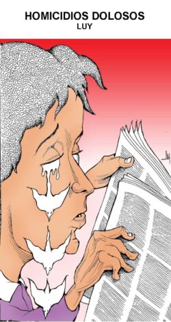 Comic book cover: a person with tears forming white doves while reading a newspaper; title 'HOMICIDIOS DOLOSOS' and author 'LUY' at top.