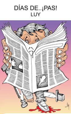 Cartoon of a man gripping a newspaper with his face obscured, a bloody footprint on the floor beneath his injured foot.