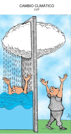Caricatura sobre cambio climático: una persona en agua llovida intenta alcanzar a la otra que está en seco, separadas por una columna central.