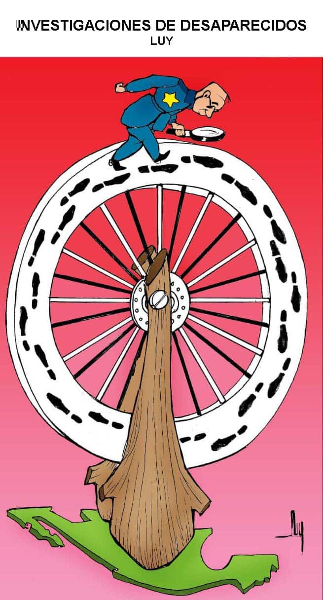 Cartoon: a police detective on a giant bicycle wheel, stamping a wooden post, against a pink gradient background; heading reads 'Investigaciones de Desaparecidos'