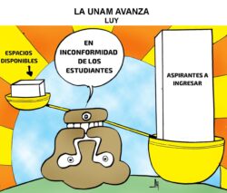 Caricatura de una balanza entre espacios disponibles y aspirantes a ingresar; burbuja dice 'en inconformidad de los estudiantes'.