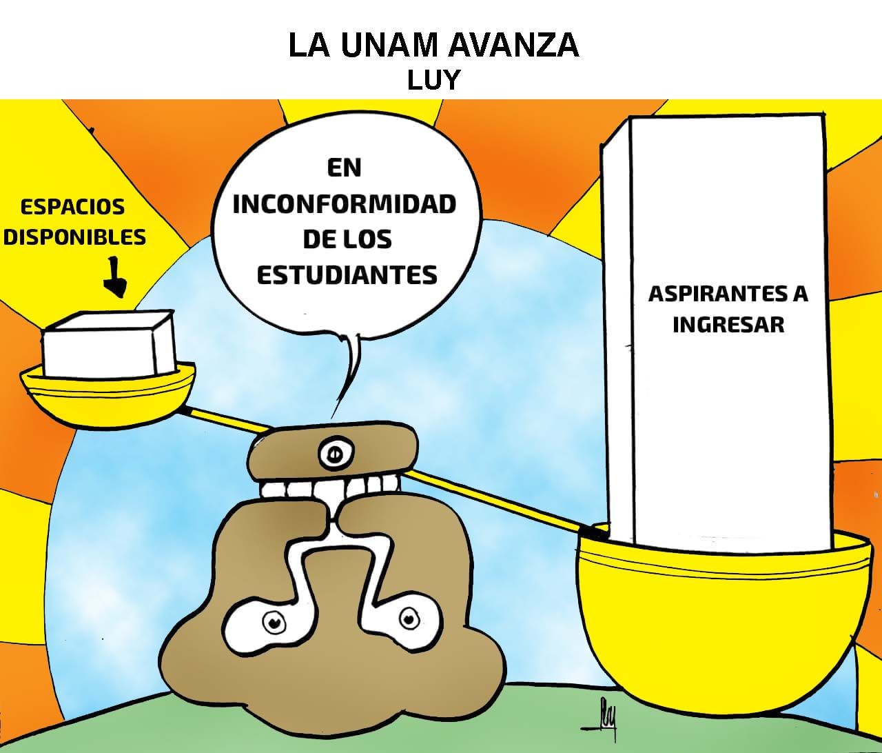 Caricatura de una balanza entre espacios disponibles y aspirantes a ingresar; burbuja dice 'en inconformidad de los estudiantes'.