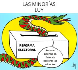 Political cartoon: a green snake coils around a white ballot box labeled 'REFORMA ELECTORAL' against a blue background, with a speech bubble about reform for minority women.