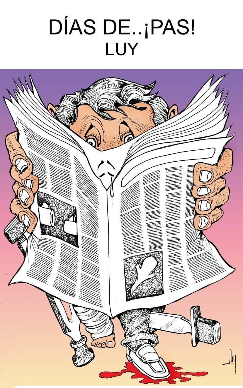 Cartoon of a man gripping a newspaper with his face obscured, a bloody footprint on the floor beneath his injured foot.